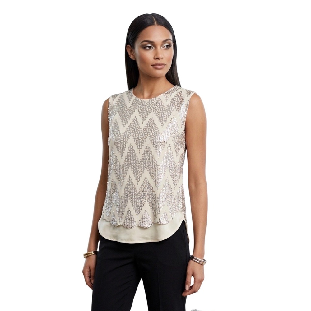 Jenny Han Silk‎ Sequin Chevron Sleeveless Top Cream Silver Gold XS